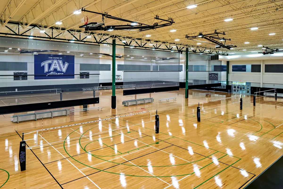 The hardwood courts, set up for volleyball